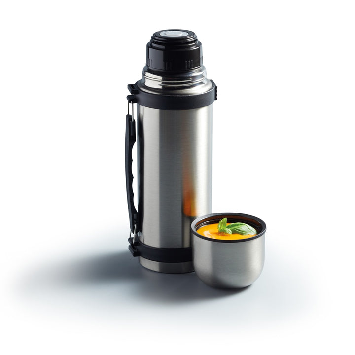 stainless steel flask filled with soup