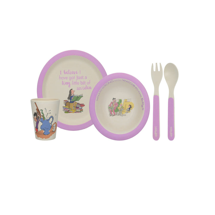Eco-friendly bamboo dinnerware for children set in purple, with illustrations from Roald Dahls Matilda