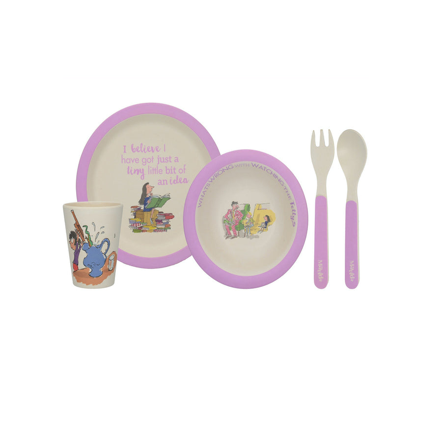 Eco-friendly bamboo dinnerware for children set in purple, with illustrations from Roald Dahls Matilda