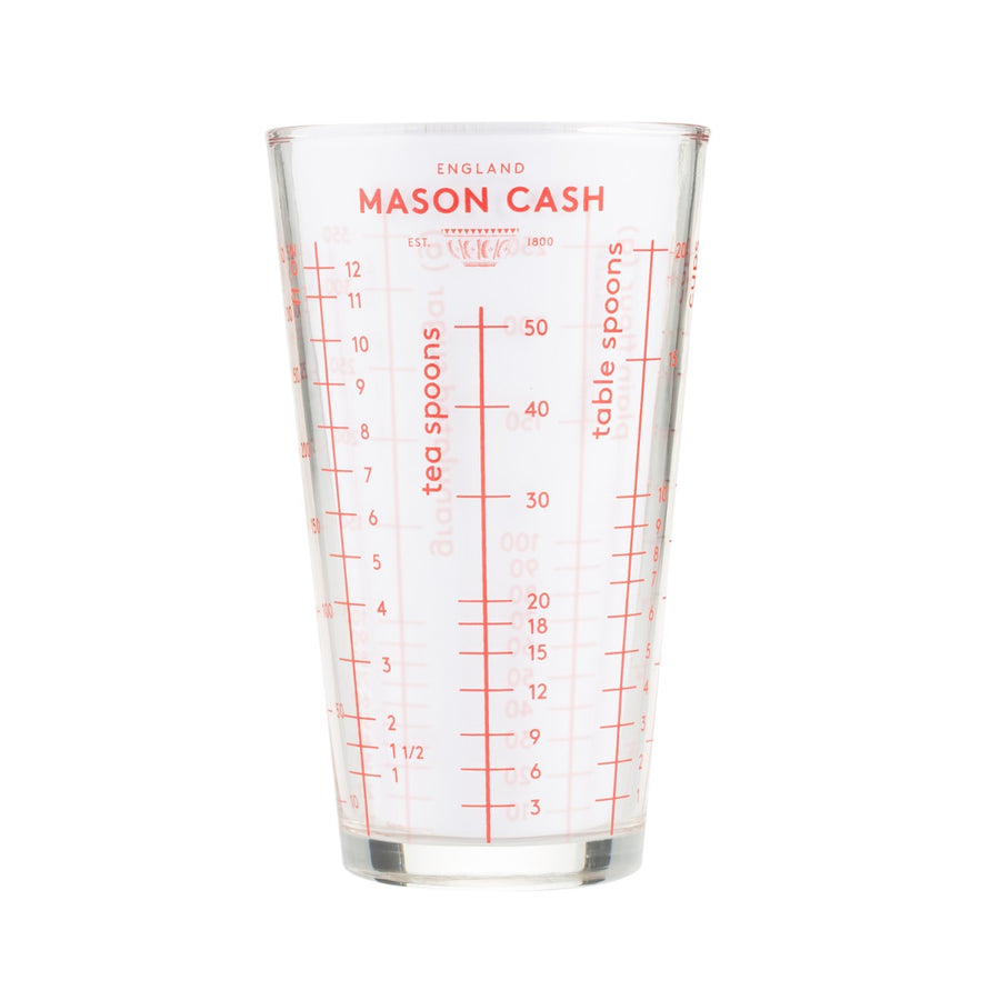 a mason cash glass cup with various cooking & baking measures