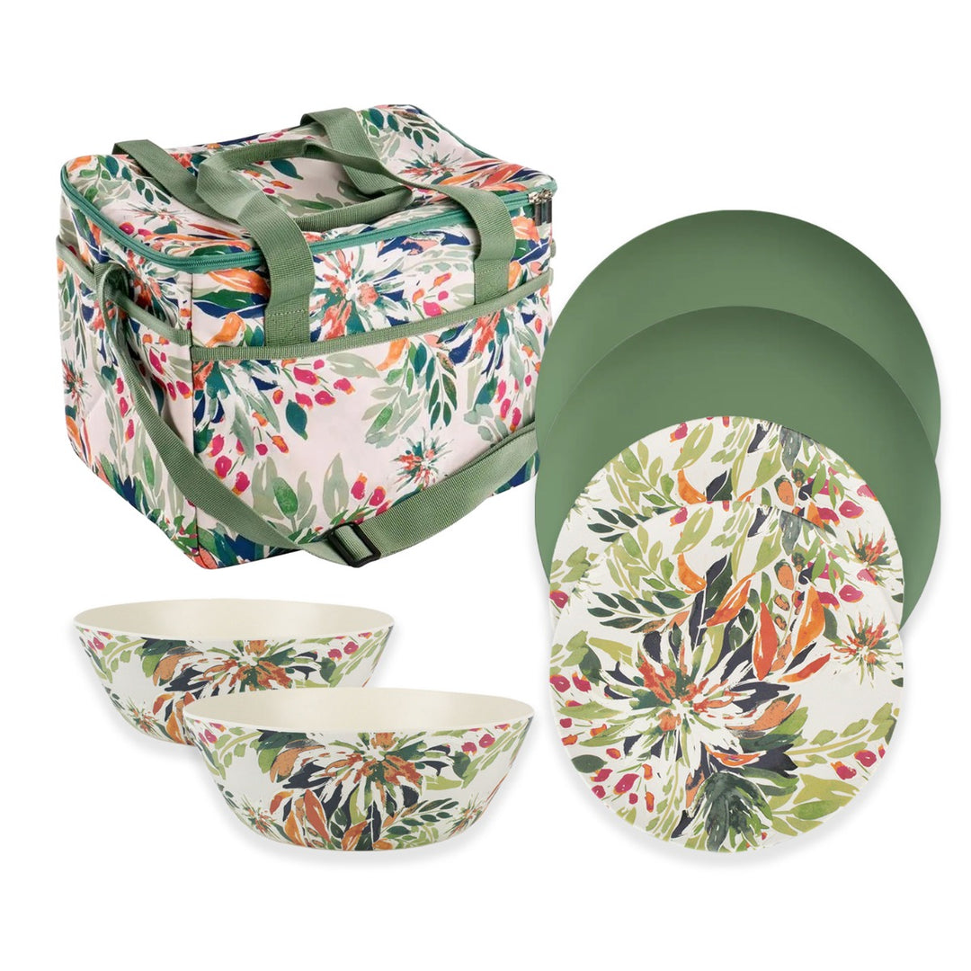 floral design picnic set with plates, bowls and cool bag