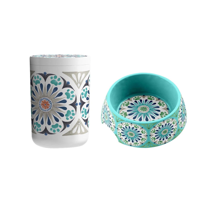 Carmel Medallion Melamine Pet Bowl & Treat Jar Set