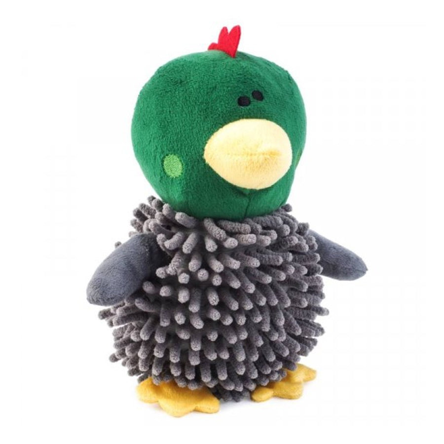 Fabric dog toy with built in squeaker, designed to look like a drake duck.