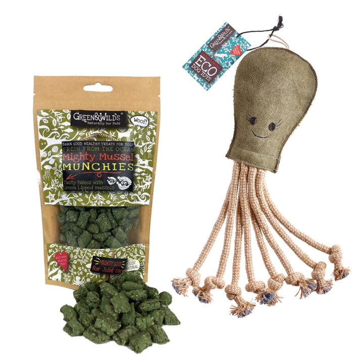 Green & Wilds Dog Gift Set - Olive Octopus & Treat Bag / Chew Option