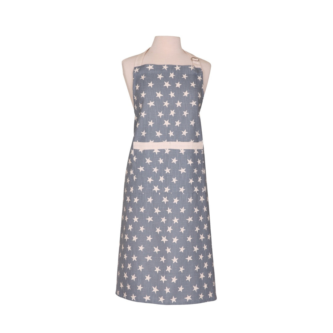 Organic cotton apron in light blue, with cream-coloured star print. Full-length adult apron featuring a double pocket and adjustable halterneck strap