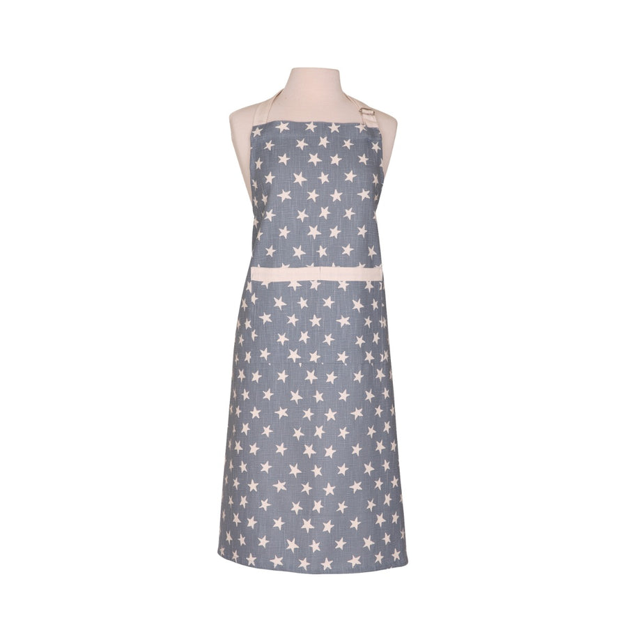 Organic cotton apron in light blue, with cream-coloured star print. Full-length adult apron featuring a double pocket and adjustable halterneck strap