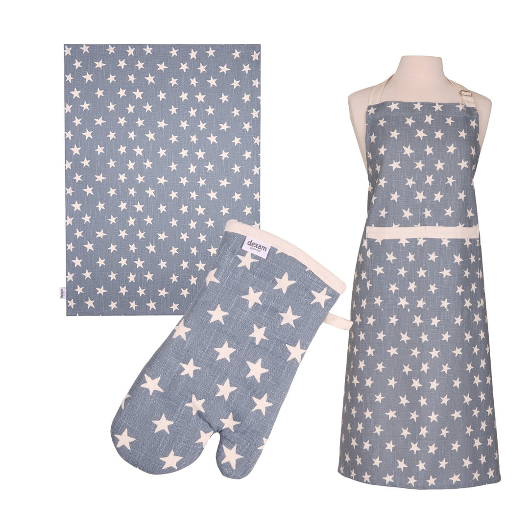 Dexam Organic Cotton Apron, Tea Towel & Oven Gauntlet Set - Blue Stars