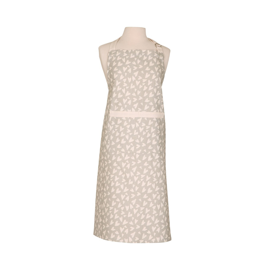 Light grey organic cotton apron for adults. The full-length clothes protector features a heart print, double front pocket and adjustable neck tie