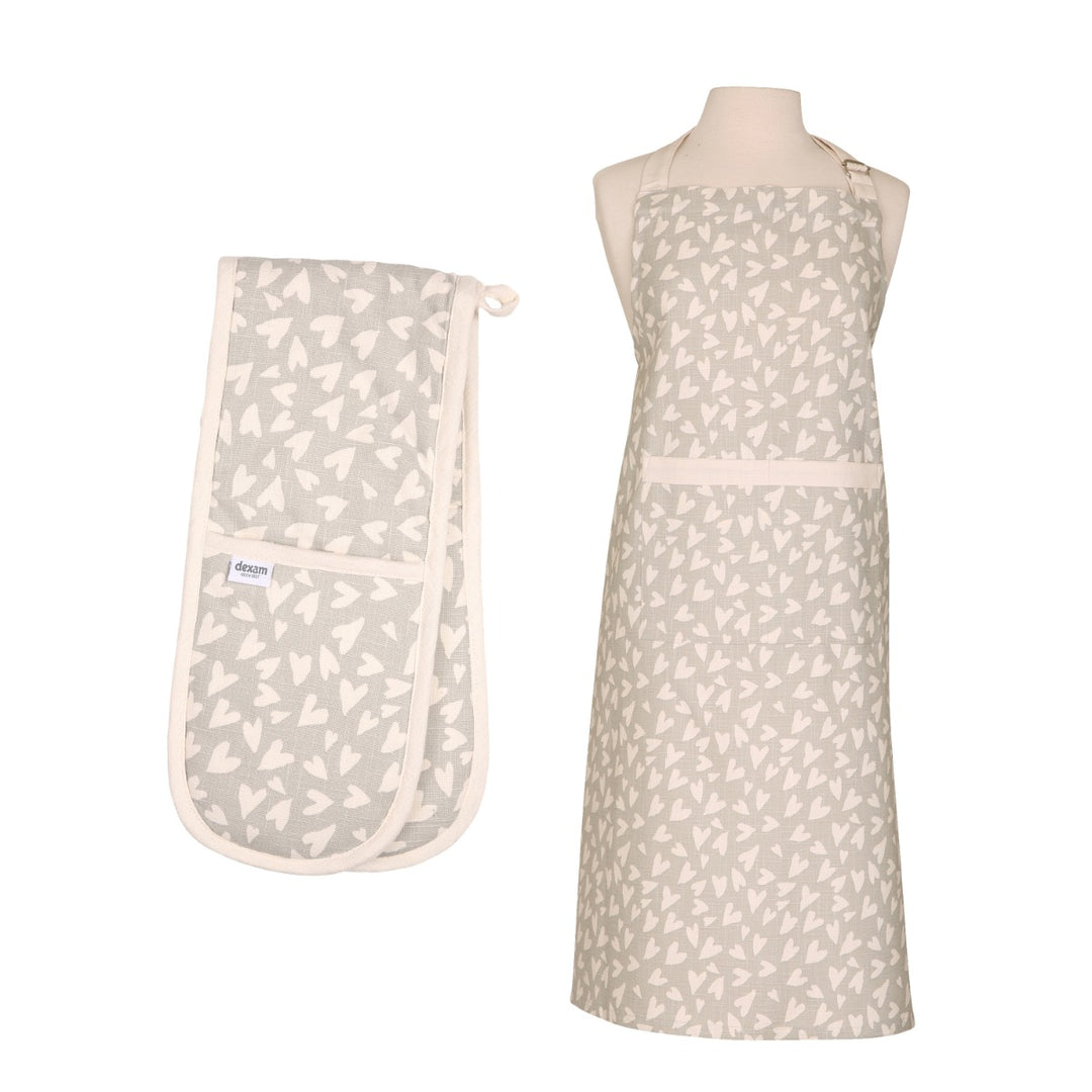 Dexam Organic Cotton Apron & Double Oven Glove Set - Grey Hearts