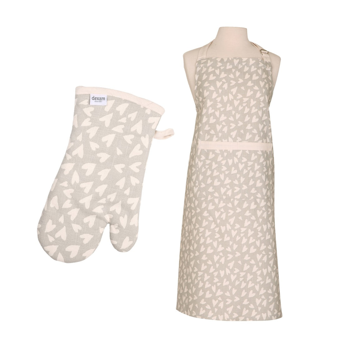 Dexam Organic Cotton Apron & Oven Gauntlet Set - Grey Hearts