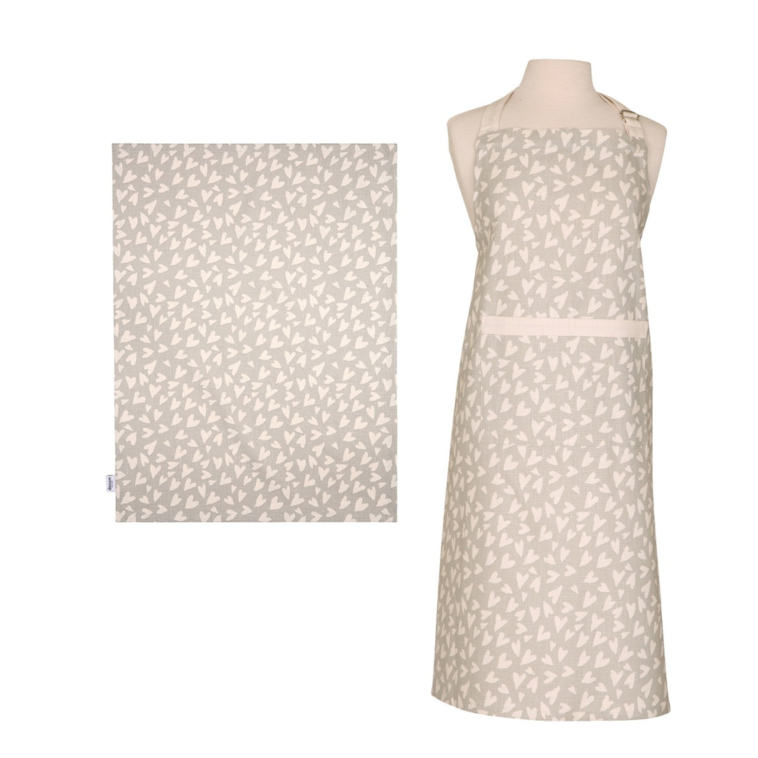 Dexam Organic Cotton Apron & Tea Towel Set - Grey Hearts