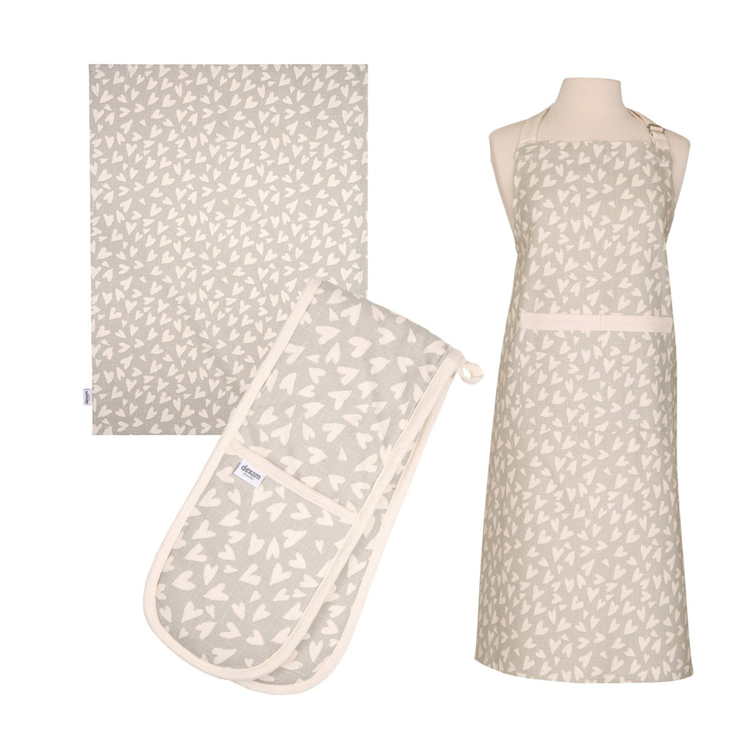 grey heart apron, tea towel and double oven glove set made from organic cotton