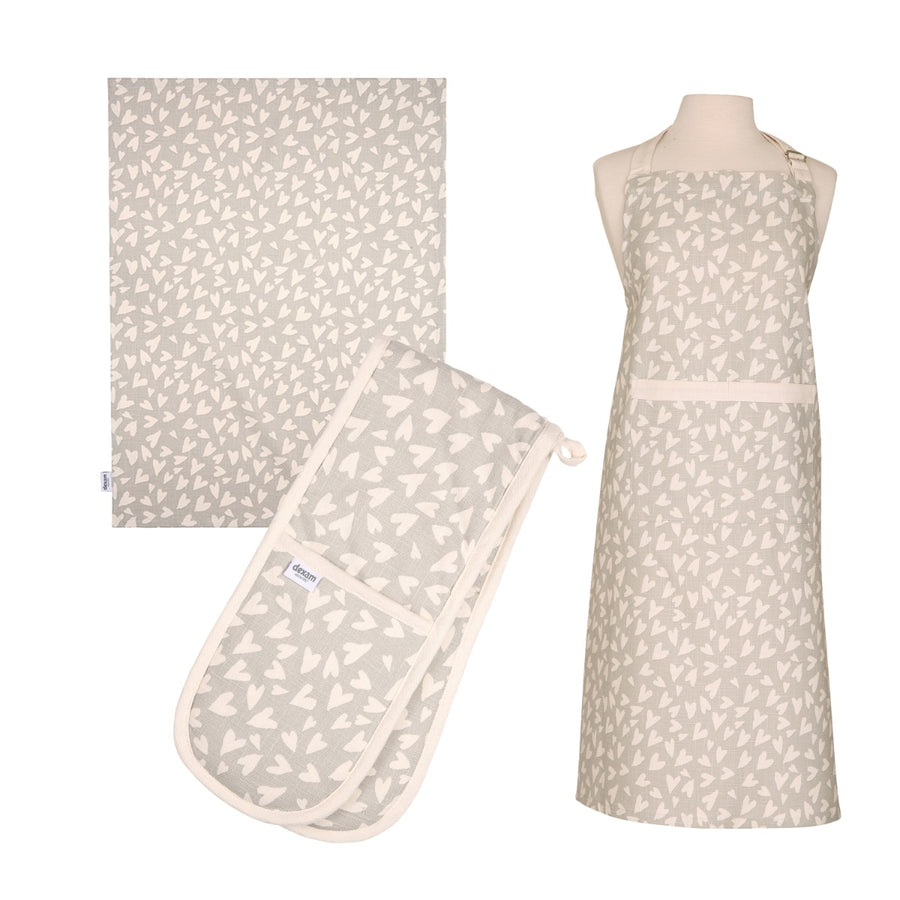 grey heart apron, tea towel and double oven glove set made from organic cotton