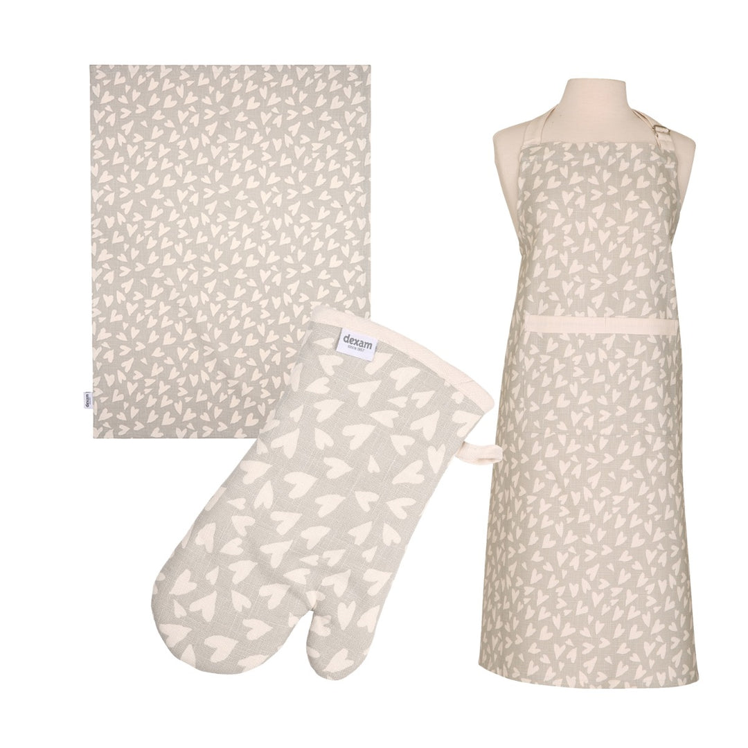 Dexam Organic Cotton Apron, Tea Towel & Oven Gauntlet Set - Grey Hearts