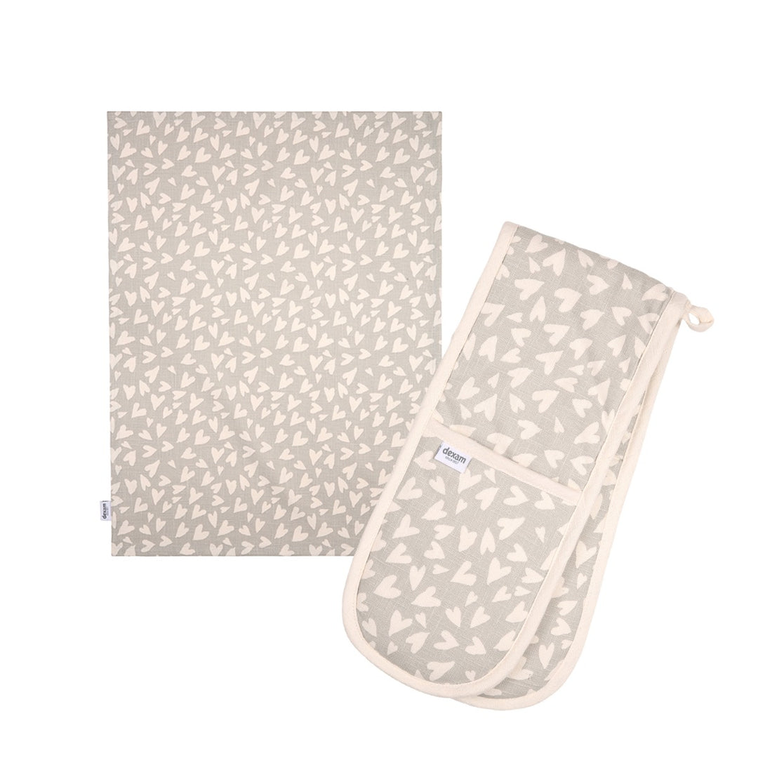Dexam Organic Cotton Tea Towel & Double Oven Glove Set - Grey Hearts