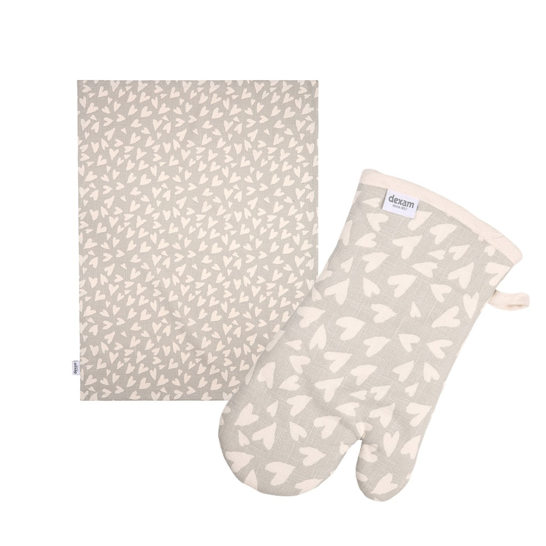 Dexam Organic Cotton Tea Towel & Oven Gauntlet Set - Grey Hearts