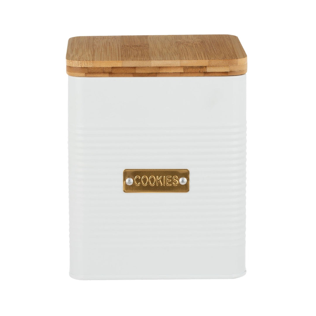 white cookie/biscuit storage jar with gold label and bamboo lid