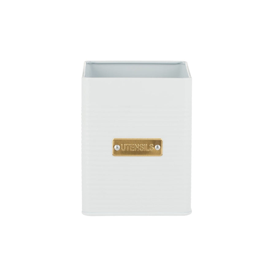 white square utensil storage pot with gold badge detail