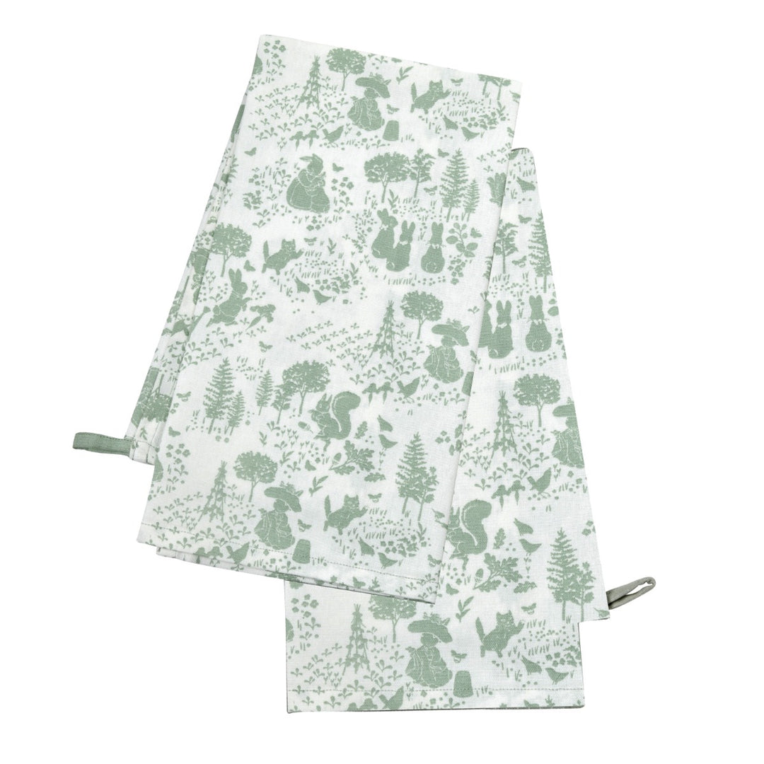 White Tea towel with green Peter Rabbit print