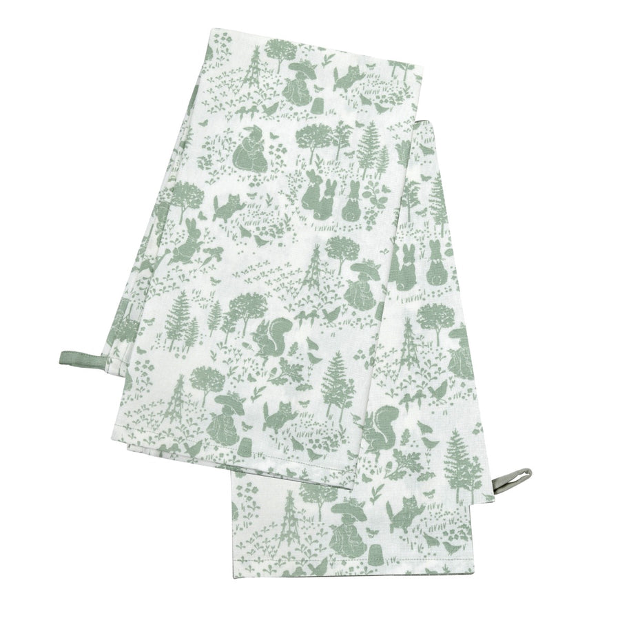 White Tea towel with green Peter Rabbit print
