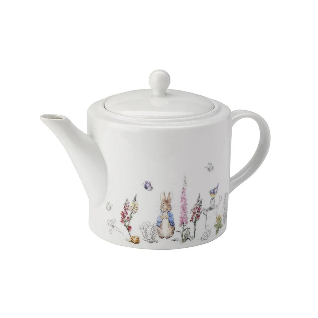 Peter rabbit teapot with rabbit and flower illustrations