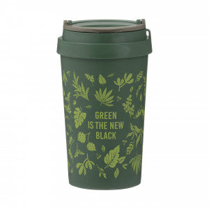 Wheat husk eco-friendly travel mug in a dark green with leaf design and text
