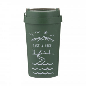 Reusable travel cup for hot drinks with camping illustration and take a hike text
