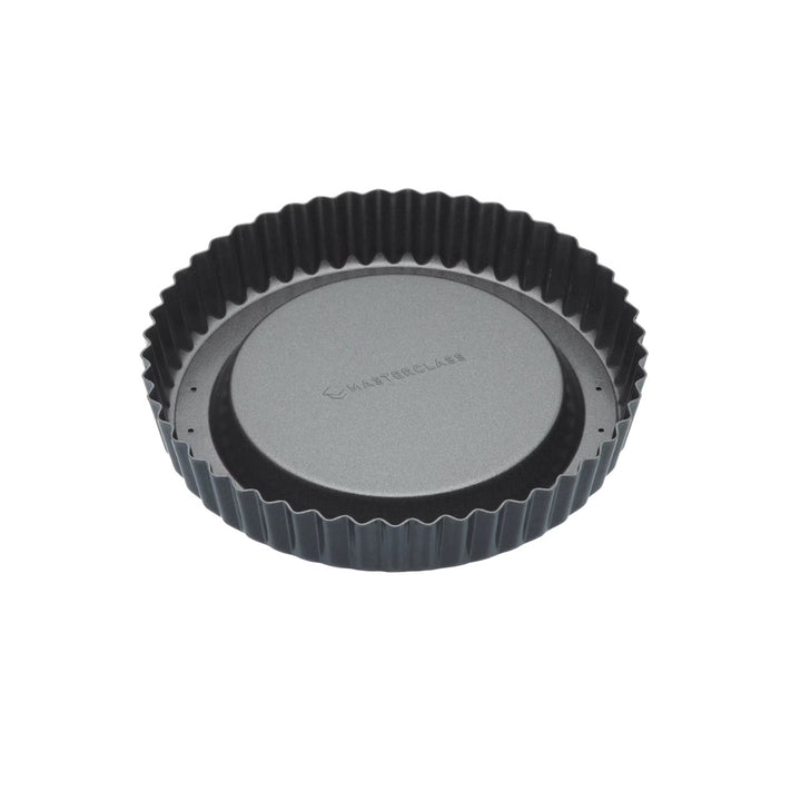 round fluted flan tin with loose, raised base and non-stick coating
