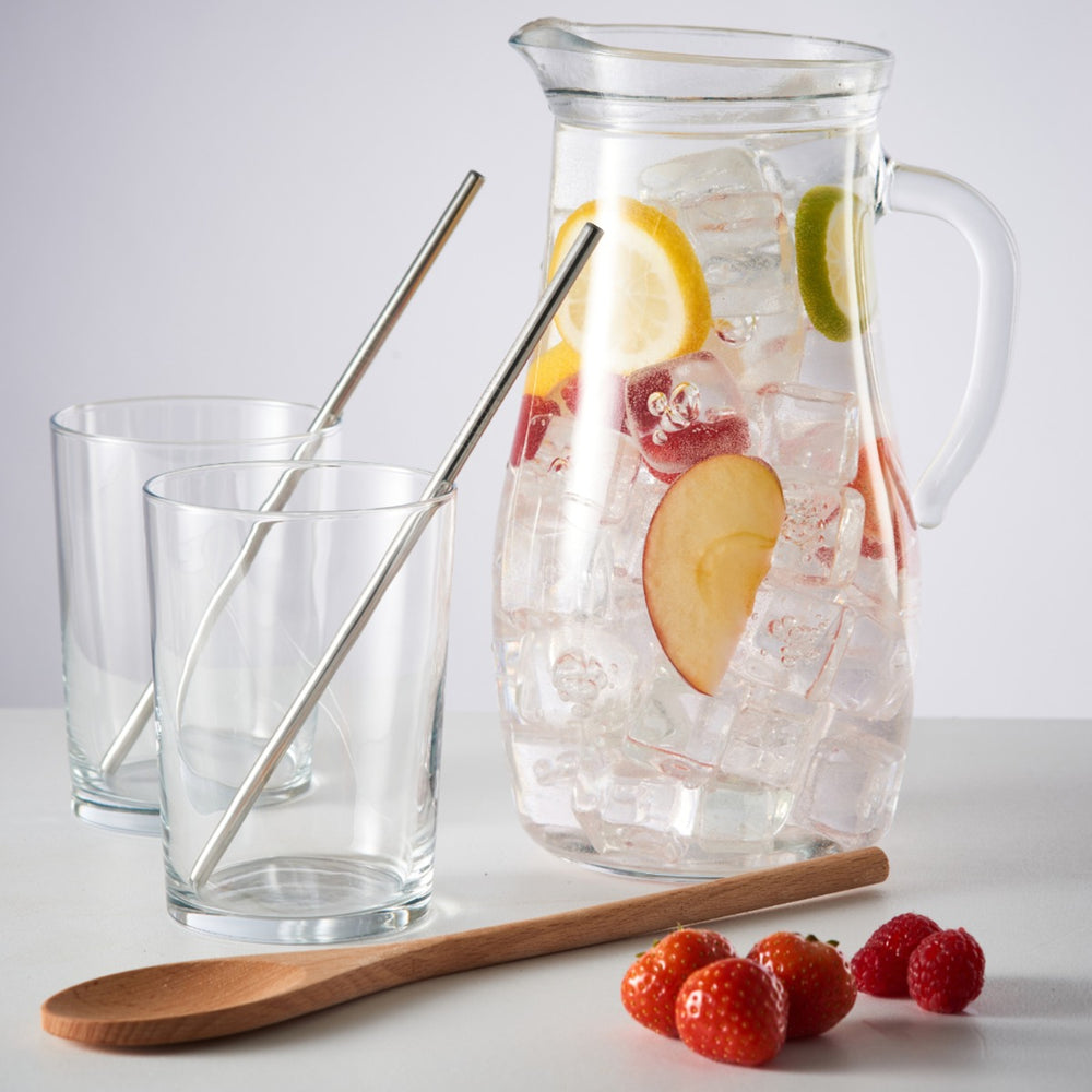  two steel straws and a wooden spoon. Also includes a recipe card for sangria.