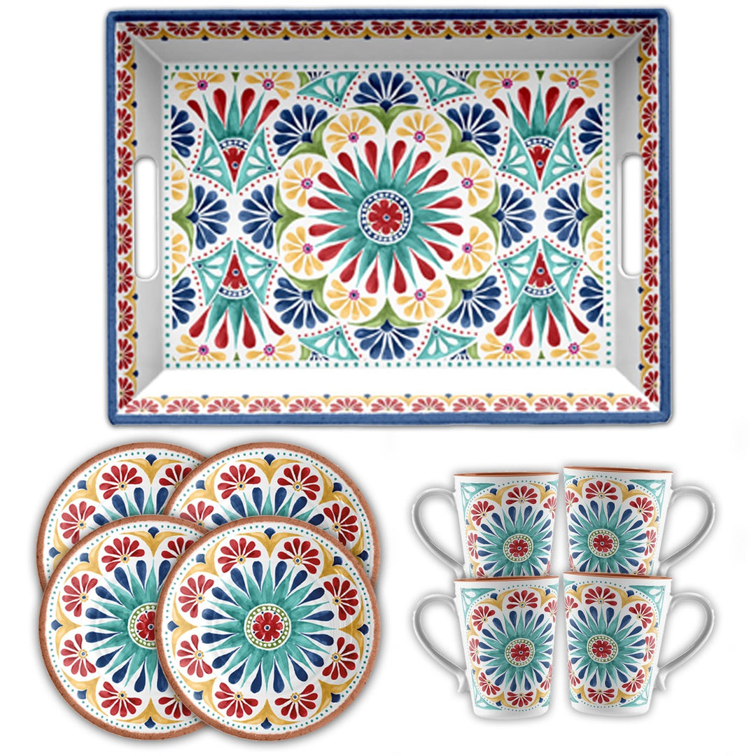 Rio Medallion Melamine 9 Piece Tray, Side Plates & Mugs Set