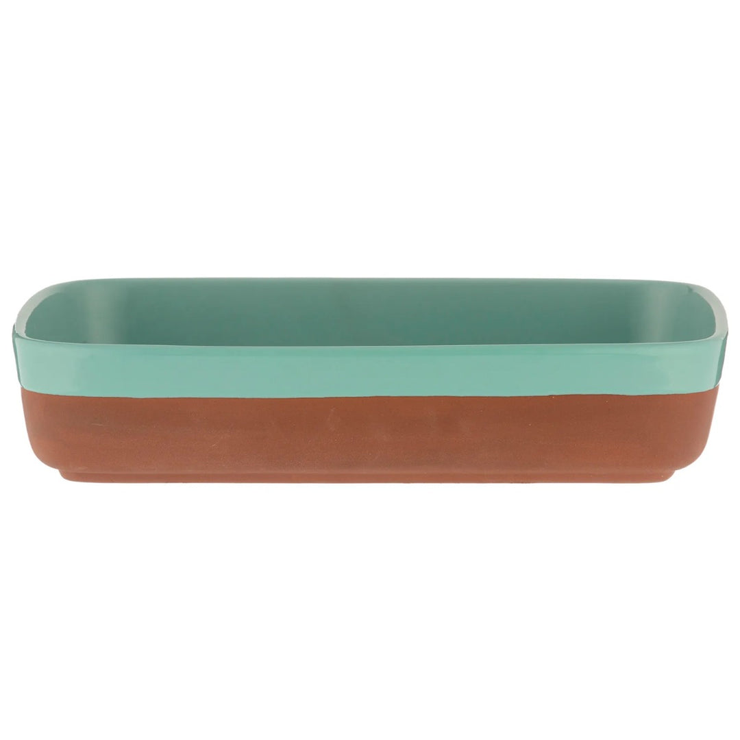 Rectangular shaped terracotta cookware/serveware dish featuring an aqua coloured dipped glaze.