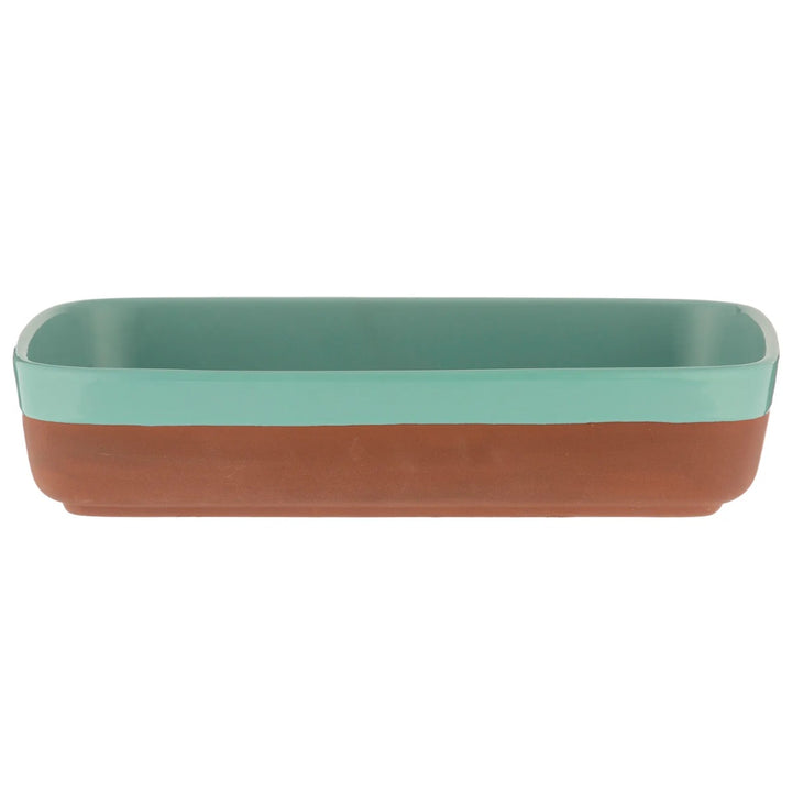 Rectangular shaped terracotta cookware/serveware dish featuring an aqua coloured dipped glaze.