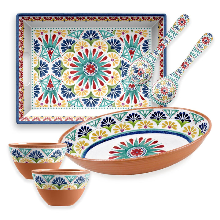 Rio Medallion Melamine Tray, Oval Bowl, Salad Servers & Dipping Bowls Set