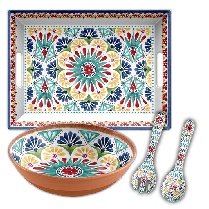 Rio Medallion Melamine 3 Piece Tray & Salad Serving Set