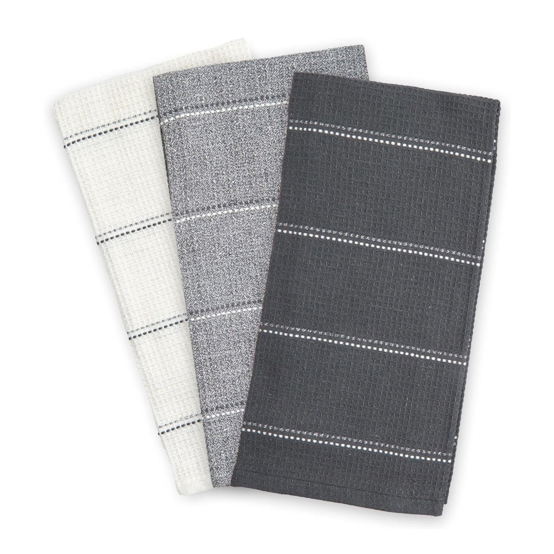 Set of 3 cotton tea towels featuring a waffle design, in red and white striped patterns.