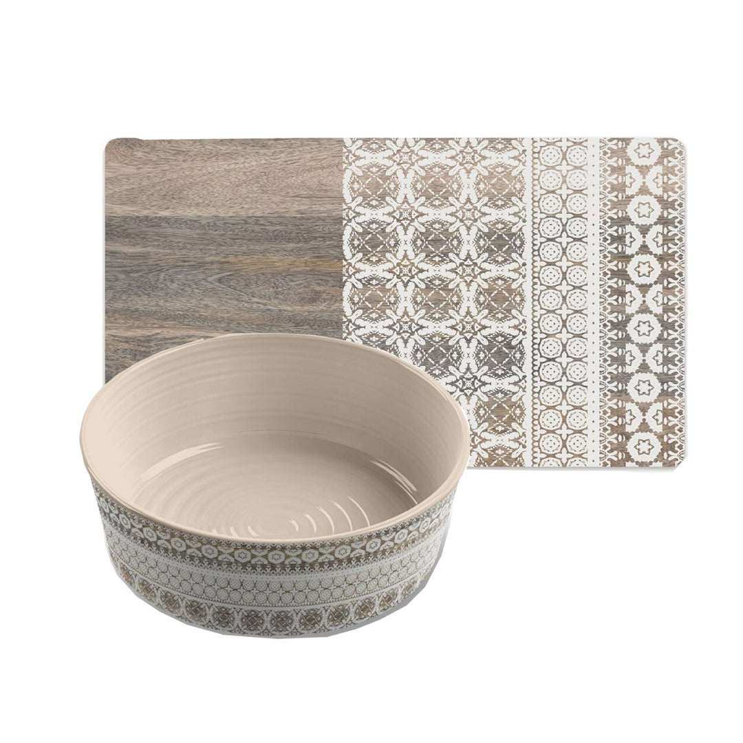 Moroccan Wood Melamine Pet Bowl & Placemat Set