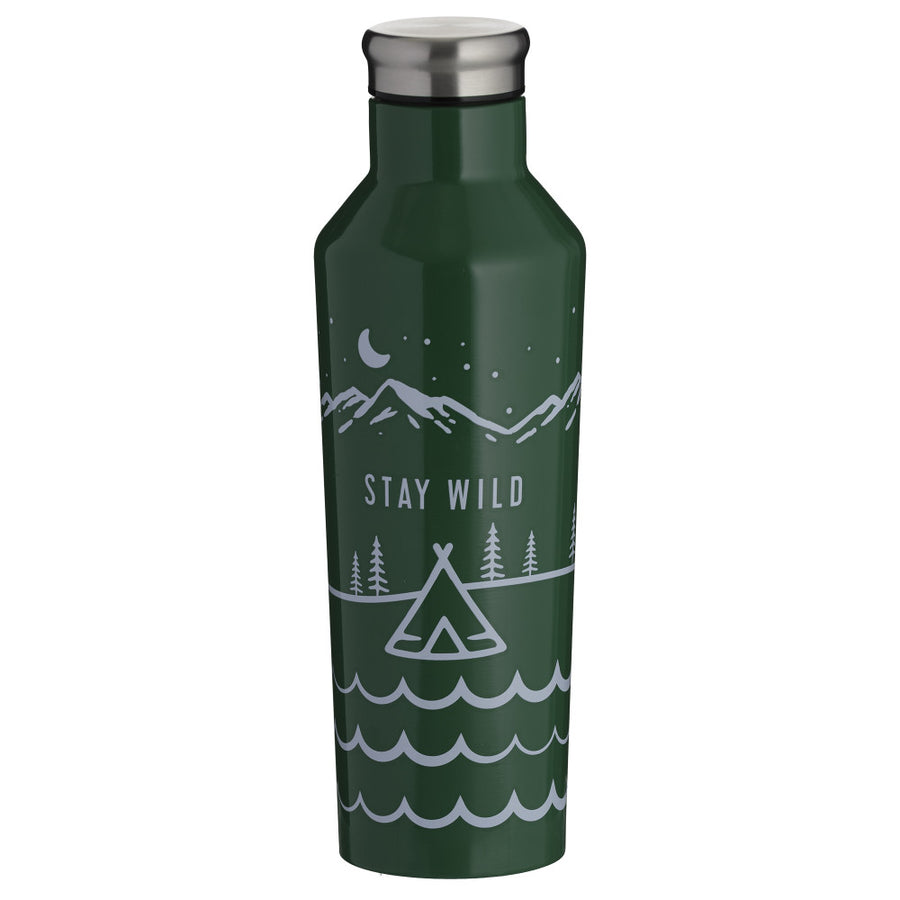 Camping themed illustration water bottle in khaki green and silver screw cap