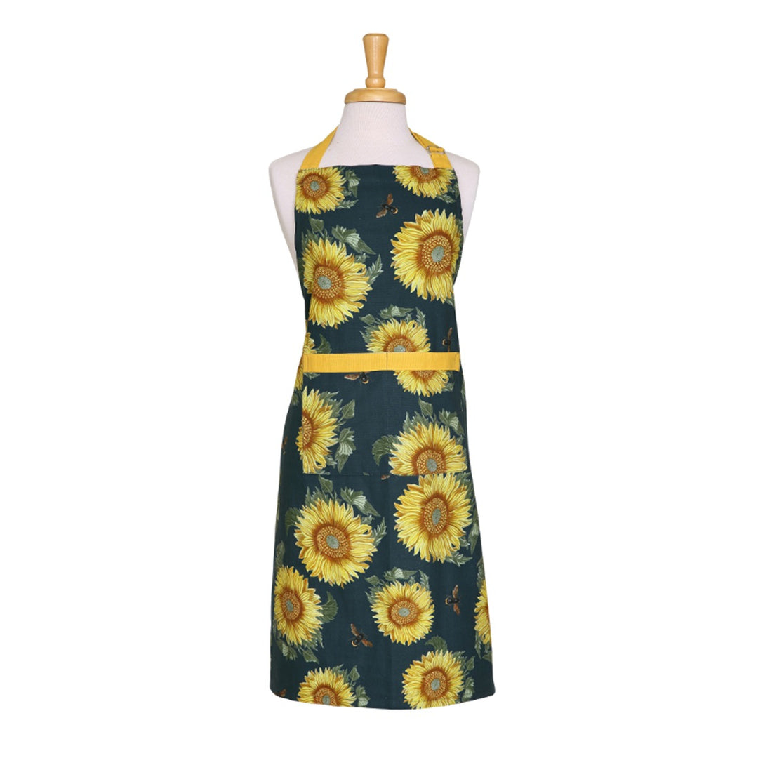 bright and colourful sunflower patterned kitchen apron in navy blue