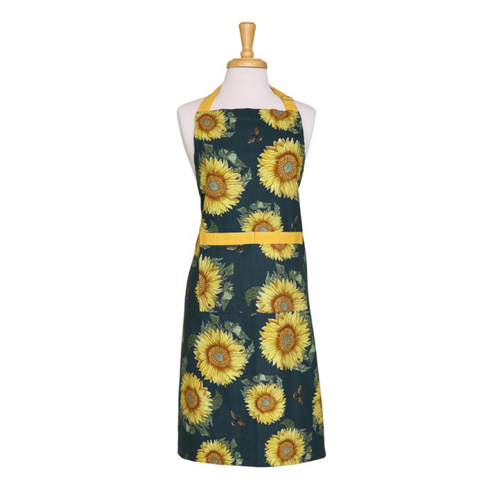 bright and colourful sunflower patterned kitchen apron in navy blue