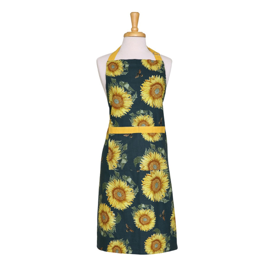 bright and colourful sunflower patterned kitchen apron in navy blue