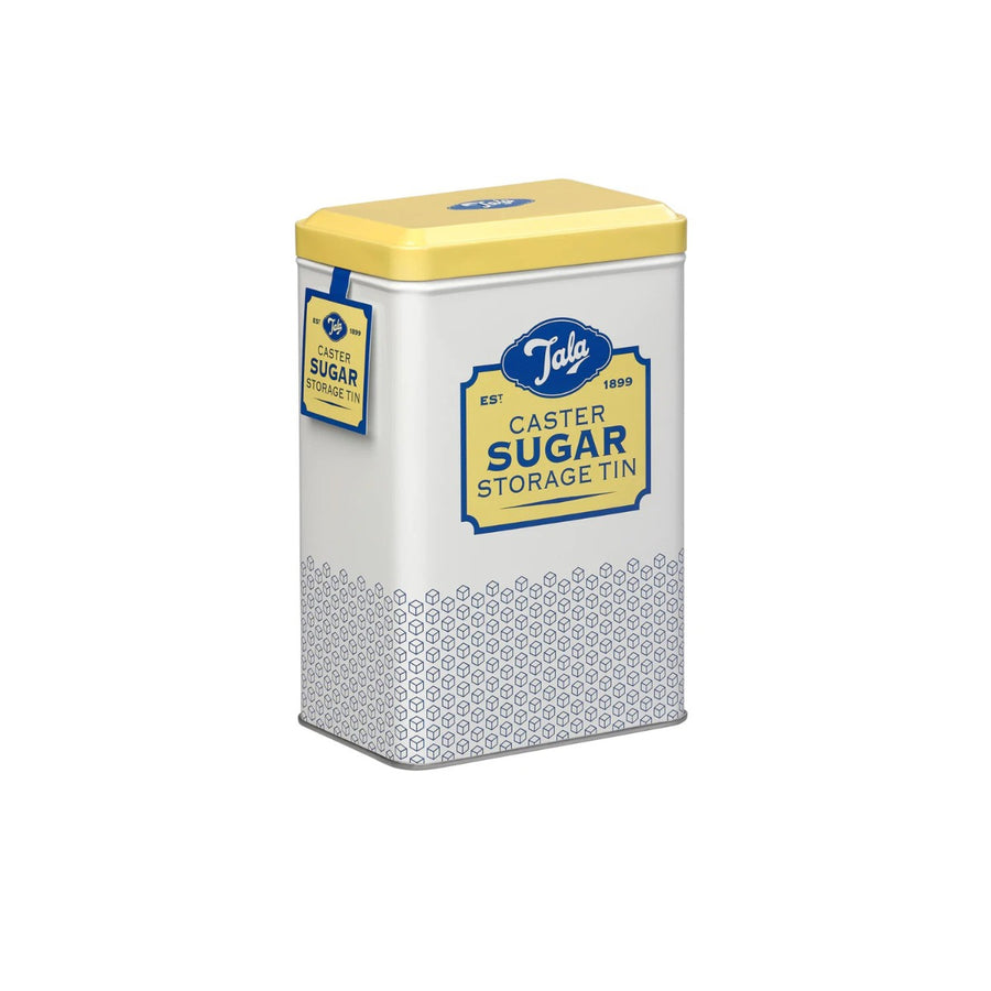 yellow and white caster sugar storage tin with hinged lid