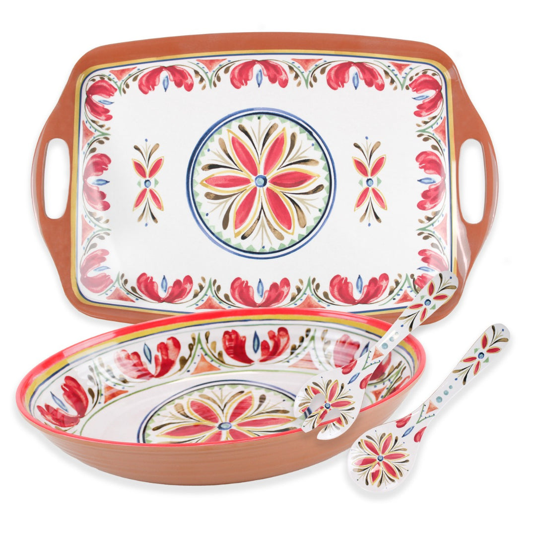 Mediterranean Melamine Tea Tray, Oval Bowl & Servers Set