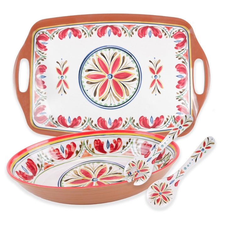 Mediterranean Melamine Tea Tray, Oval Bowl & Servers Set