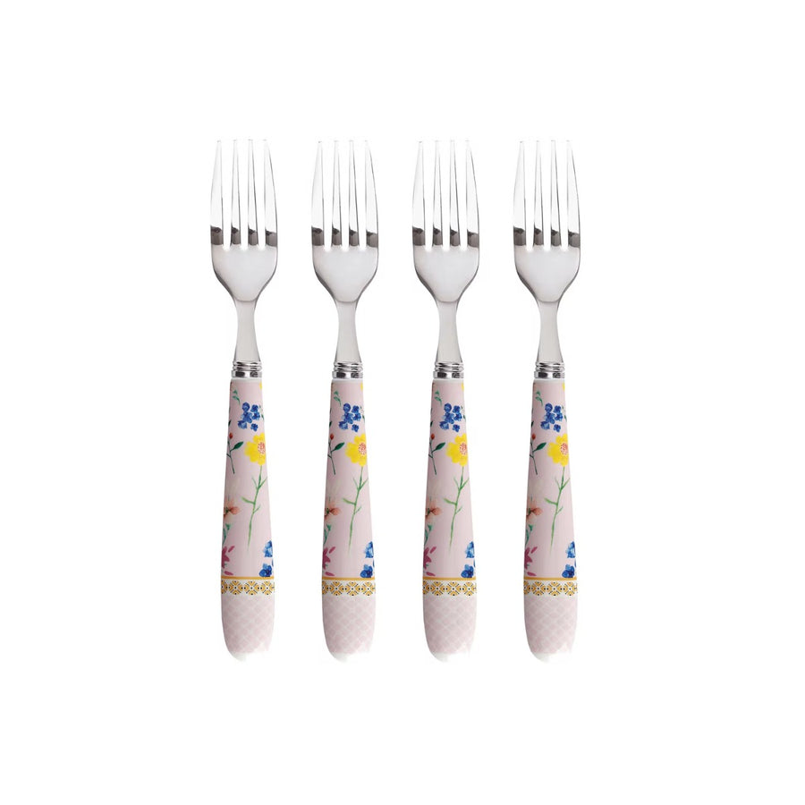 set of four small cake forks with pink floral handle design