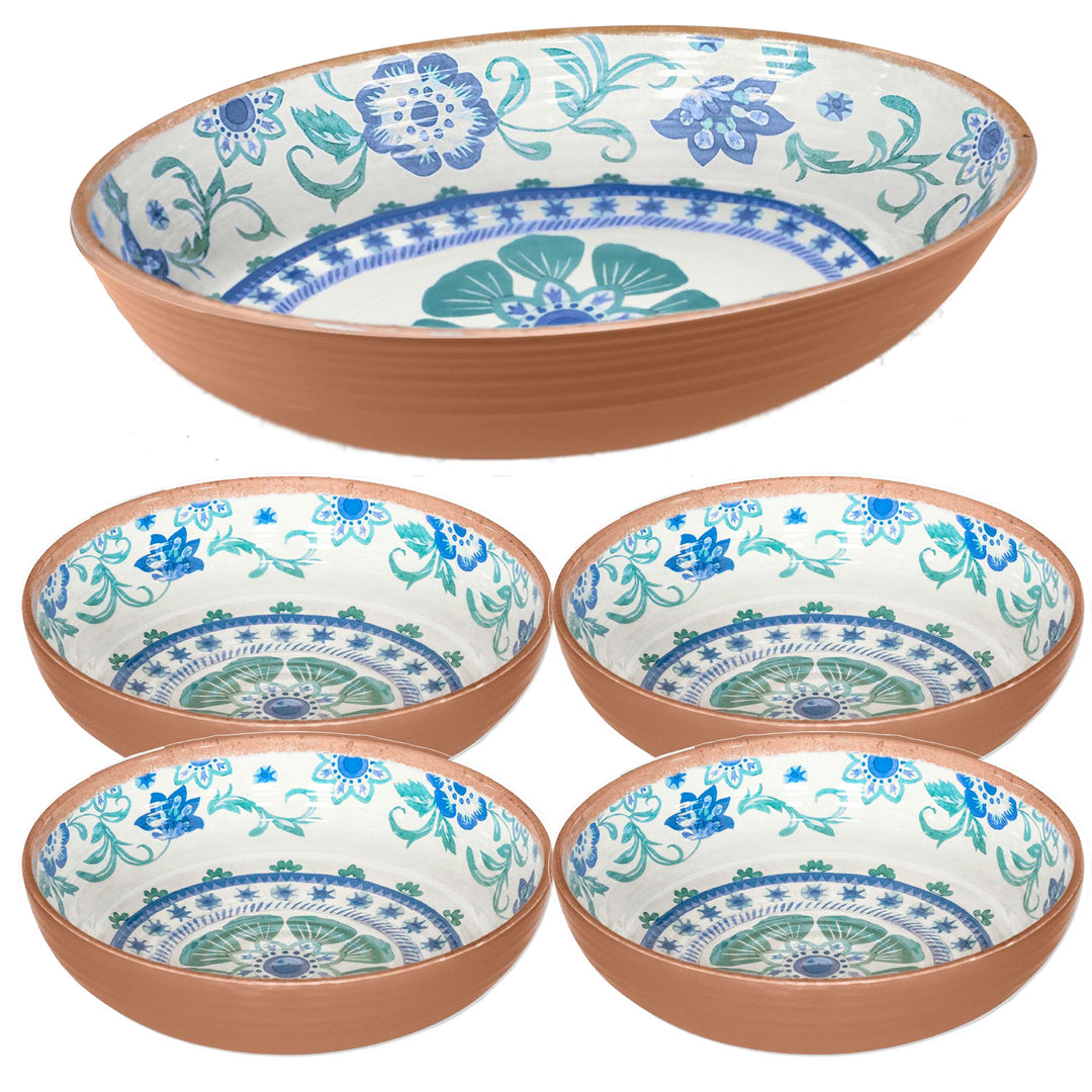Turquoise Floral Melamine Oval Bowl & Low Bowls Set