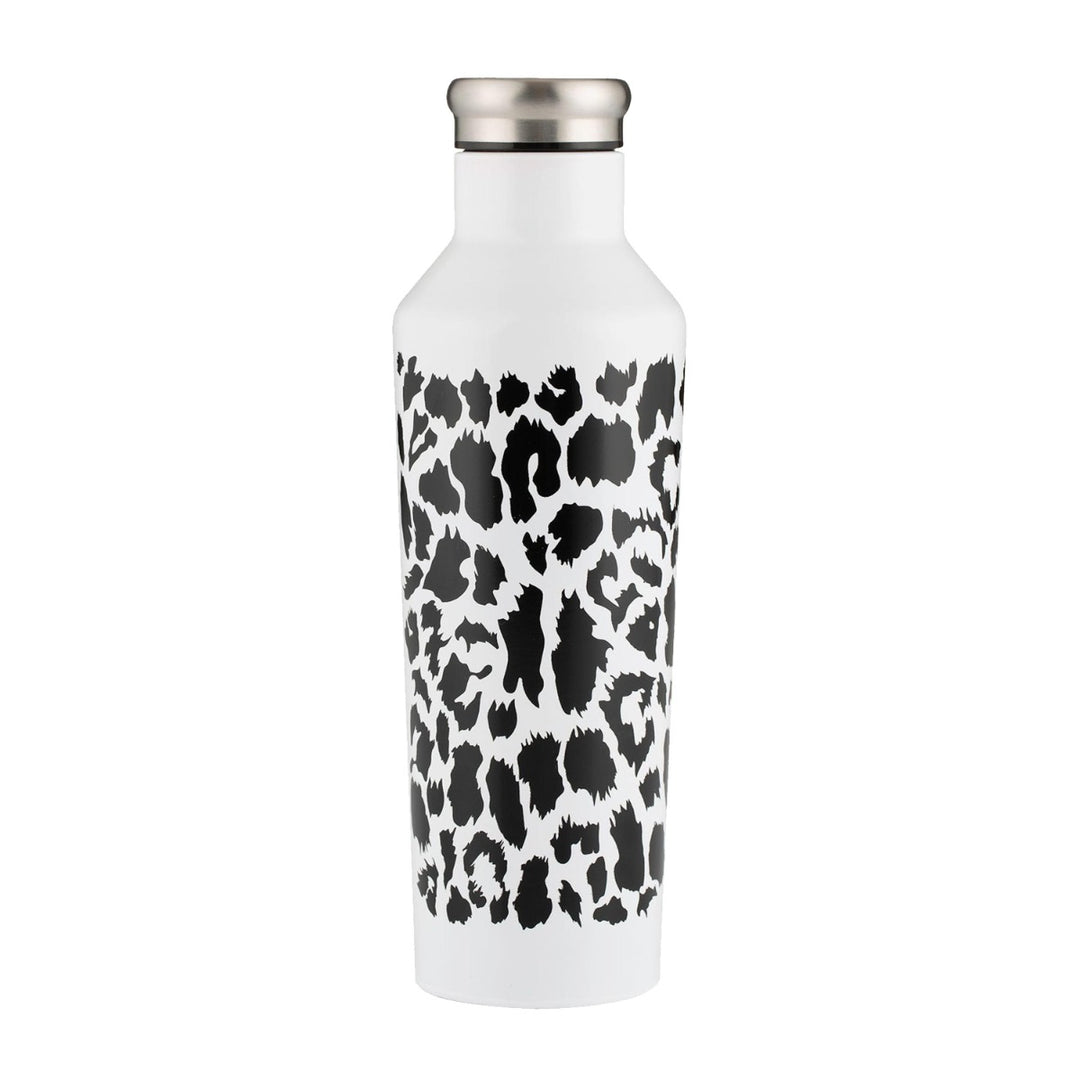 Stainless steel water bottle in white with leopard prints