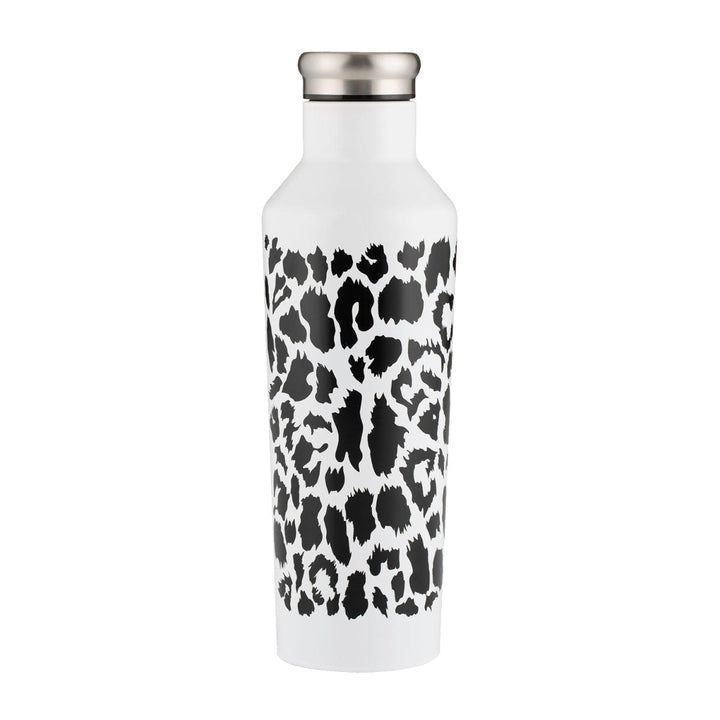 Stainless steel water bottle in white with leopard prints