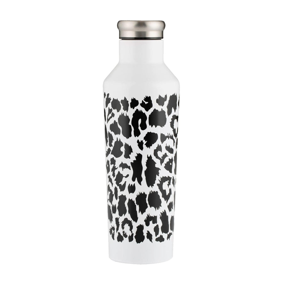 Stainless steel water bottle in white with leopard prints