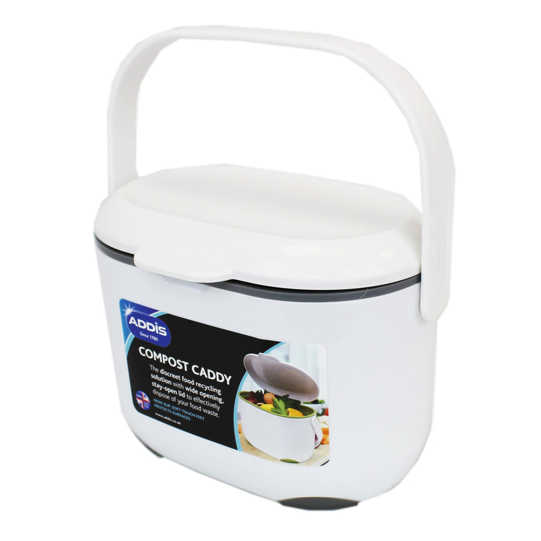 White & Grey Addis 2.5L Kitchen Food Waste Caddy - Handle Up