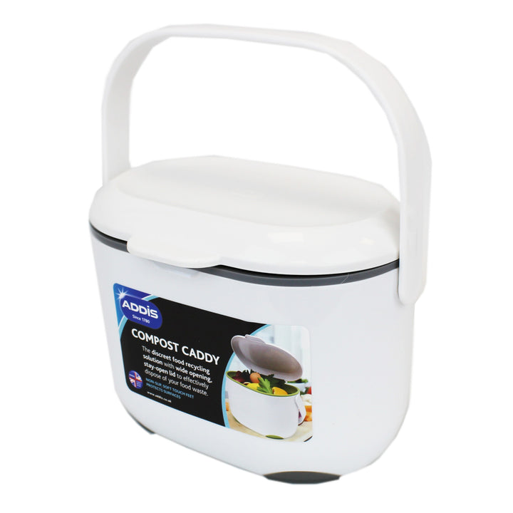 White & Grey Addis 2.5L Kitchen Food Waste Caddy - Handle Up